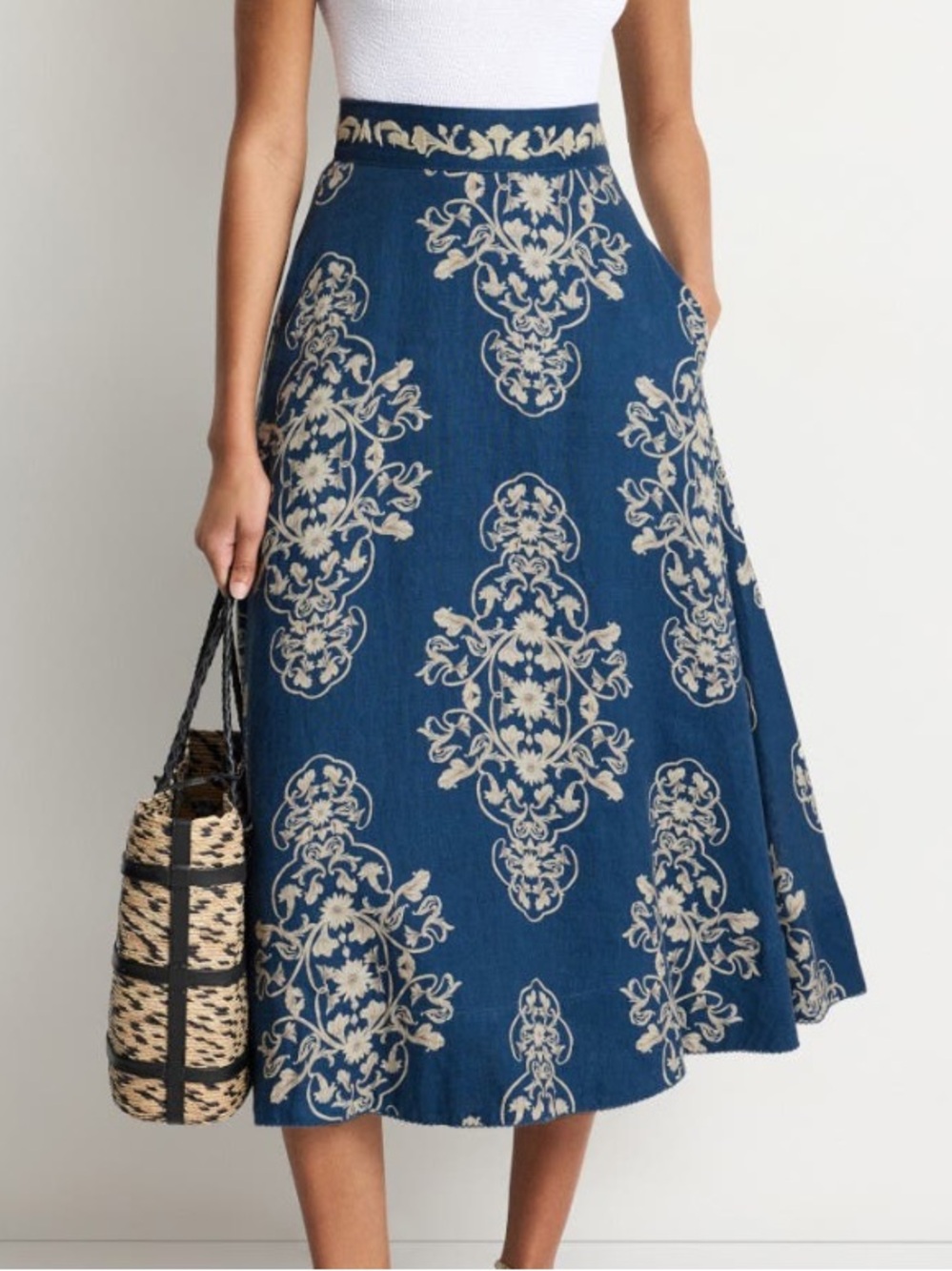 Agua by Agua Bendita Navy and Cream Ornate Ribbons Maxi Skirt